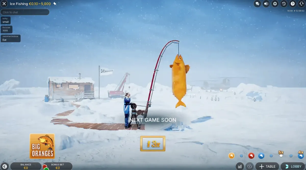 Screenshot da rodada Huge Reds no Ice Fishing – multiplicadores revelados ao vivo