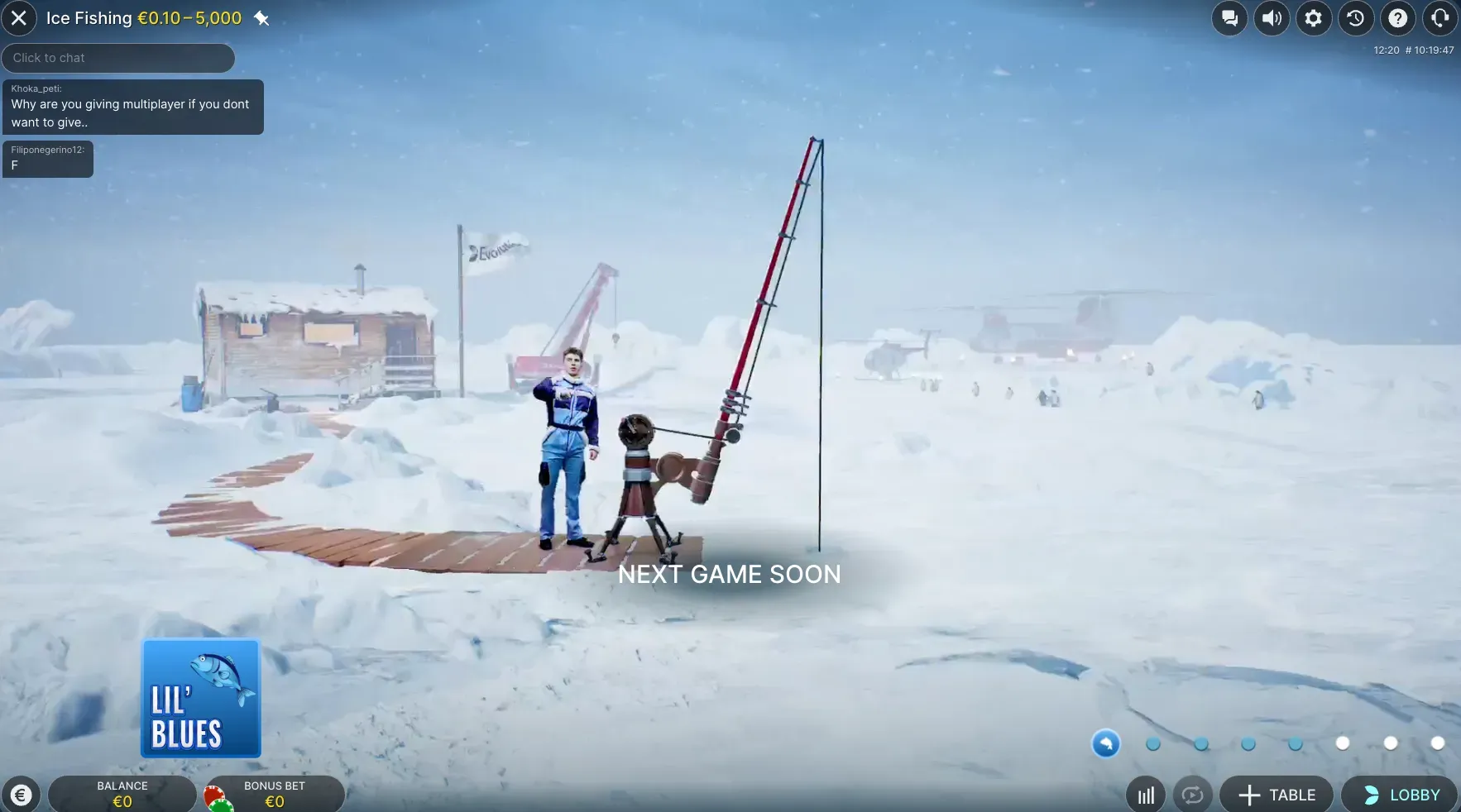 Screenshot da roda do Ice Fishing com aposta nas folhas Leaf ativa